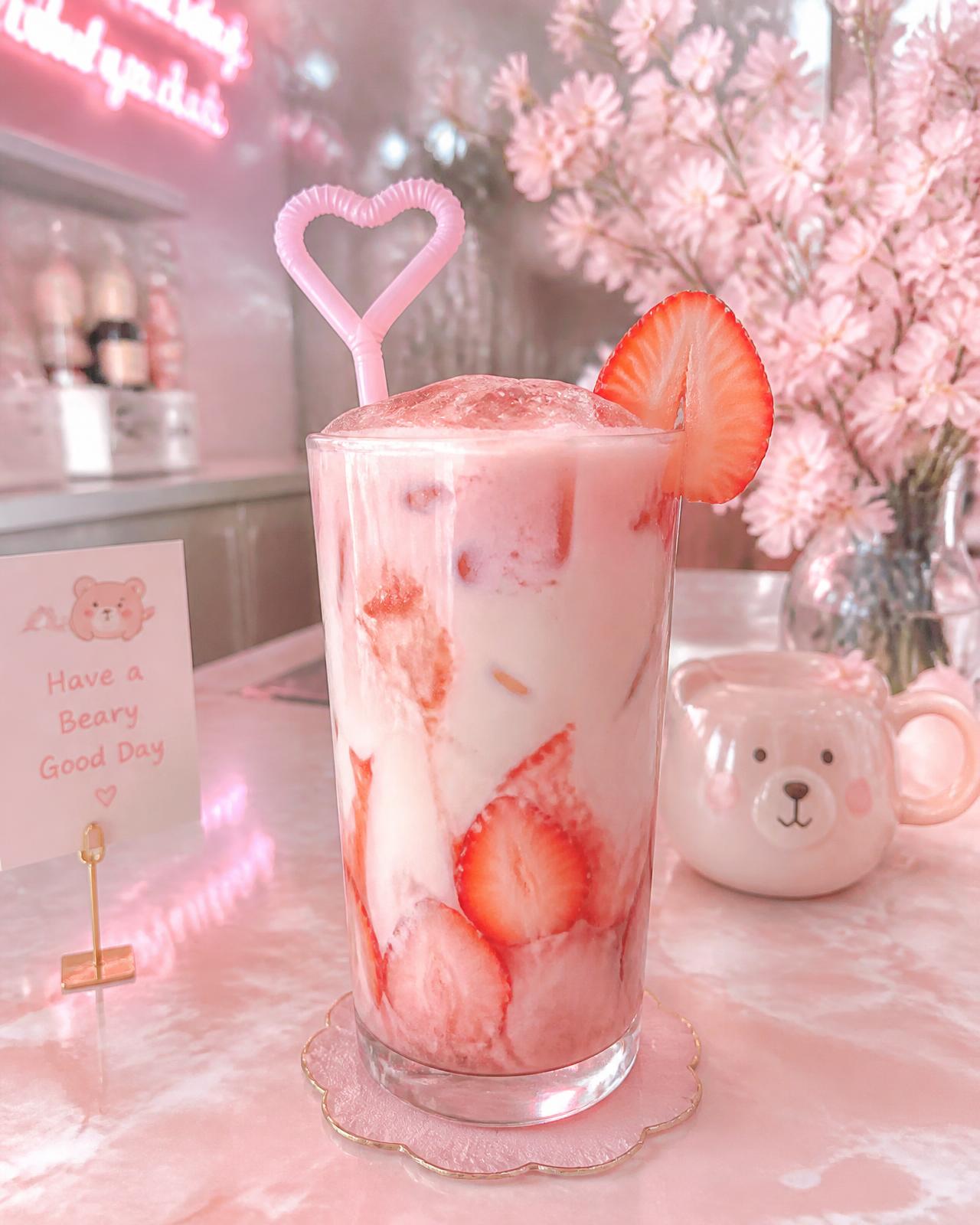Iced strawberry latte with a pink heart-shaped straw on a marble counter
